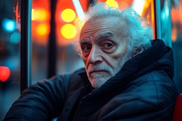 Obraz premium Profile of an elderly man in a city environment illuminated by neon lights during twilight