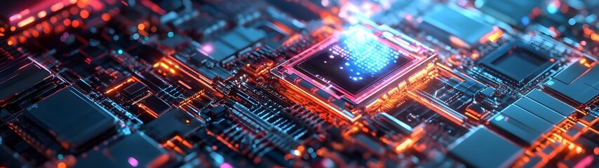 Obraz premium Closeup view of a glowing microchip circuit board with vibrant colors intricate electronic components and futuristic tech patterns Abstract technological background with a dynamic digital energy