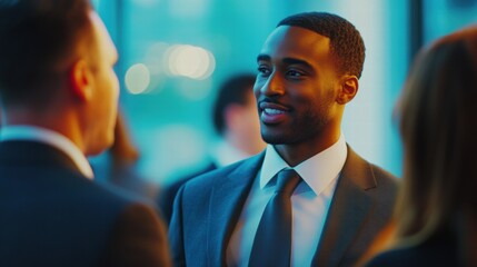 Diverse professionals chatting at networking session.