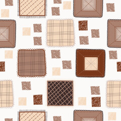 Cup of fresh coffee, tea on handmade napkin, seamlerss pattern. Design for postcard, cafe, restaurant. Flat handdrawn vector illustration