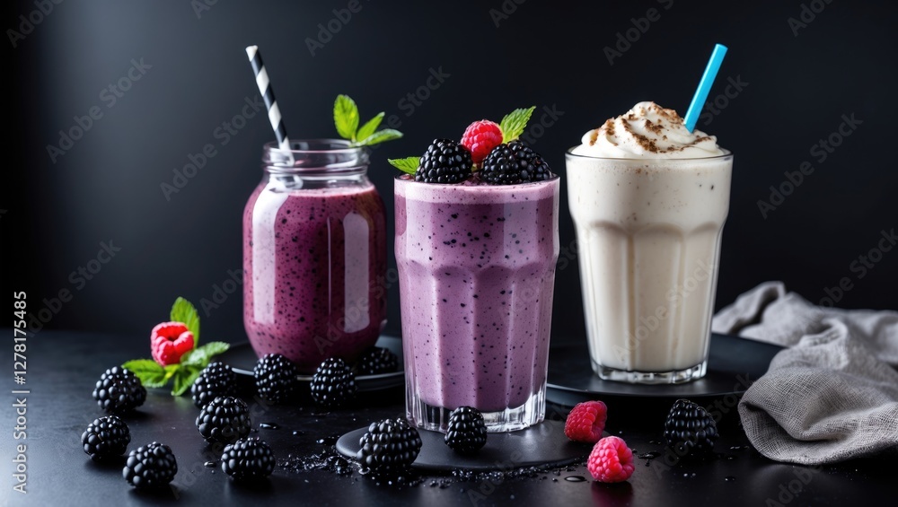 Aufkleber three different types of smoothies with blackberries and raspberries on a dark background with straw