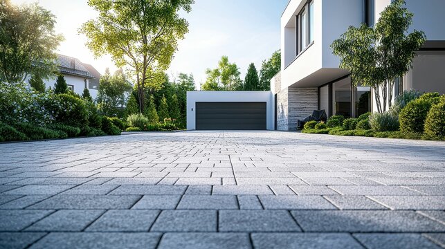 Modern Residential Driveway with Beautiful Landscape and Sunlight