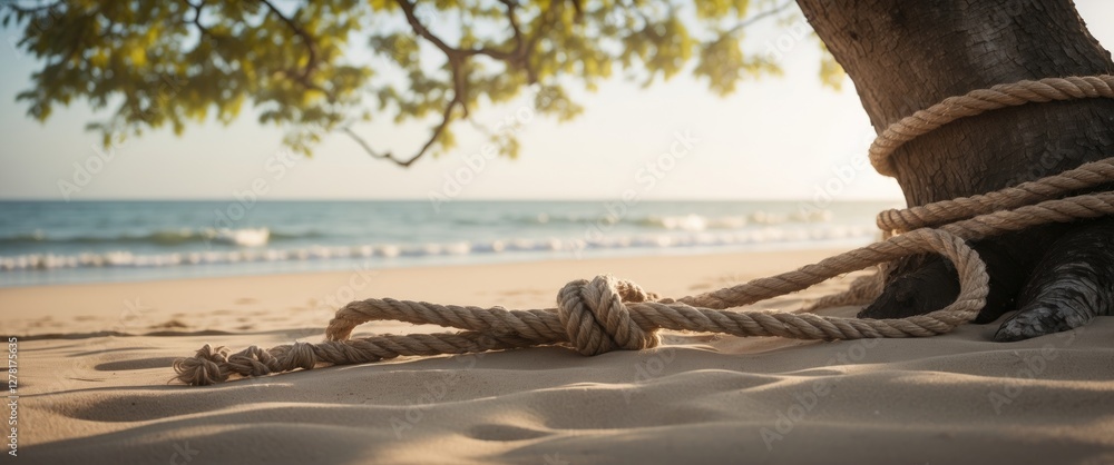 Poster tree with rope tied around trunk on sandy beach with ocean in background during daylight