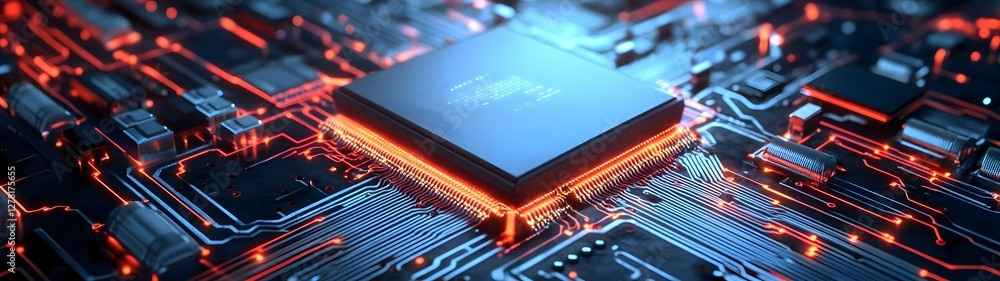 Poster Closeup view of a glowing microchip and intricate circuit board patterns in vibrant red and blue hues representing the advanced technology and innovation of the digital age