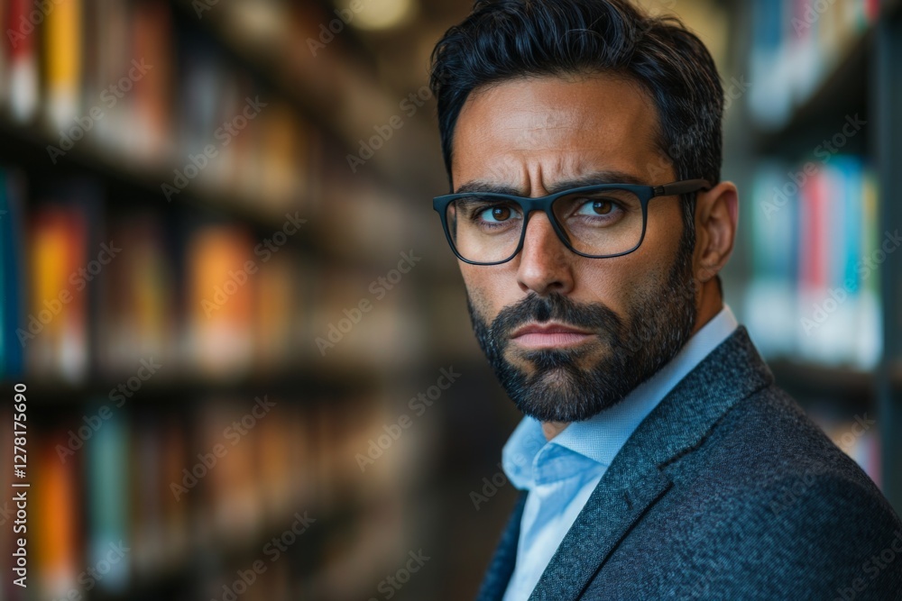 Poster confident professional man with beard in library focusing on knowledge and learning in well-stocked 