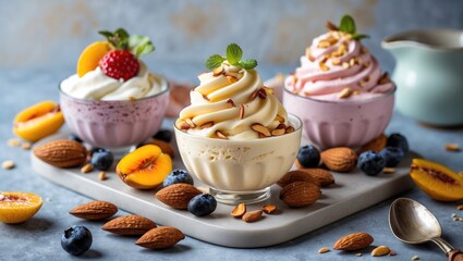 Three bowls of ice cream topped with fruits and nuts on a light blue surface with fresh fruits and almonds arranged around them