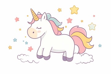 Cute magical unicorn with rainbow, flowers, star. flat cartoon illustration. kawaii style
