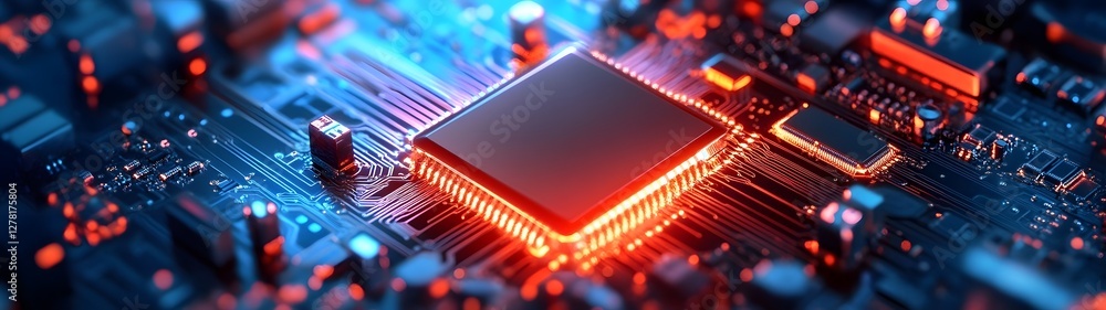 Aufkleber Closeup view of a powerful microchip or processor on a futuristic circuit board with bright colorful lights and intricate electronic connections  This image represents the advanced technology
