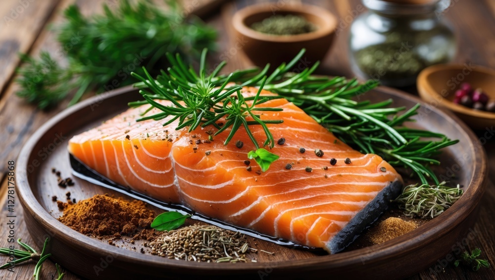 Poster fresh salmon fillets with rosemary and various spices on a wooden table in a rustic setting