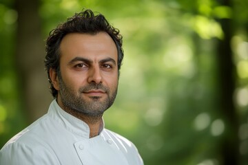 Fototapeta premium Chef with curly hair wearing white coat stands confidently in a lush green forest setting during daylight