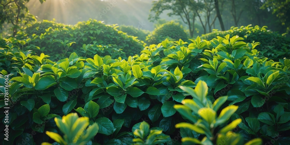 Poster lush green foliage with sunlight filtering through trees creating a serene atmosphere in a natural s