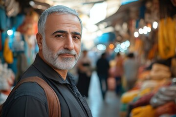 Obraz premium Elderly man stands confidently in a bustling market full of colorful textiles in the afternoon sunlight