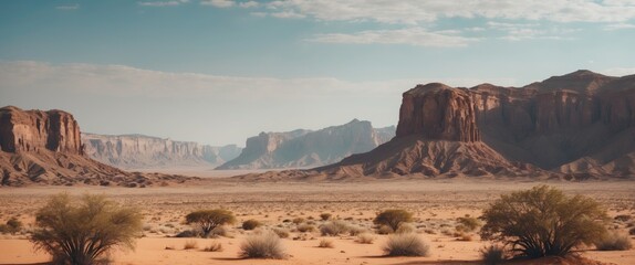 Desert landscape with rocky formations and sparse vegetation under a clear blue sky during daylight.
