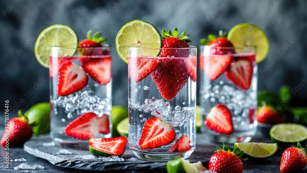 Poster fresh strawberries and lime slices in sparkling water served in clear glasses on a dark slate surfac