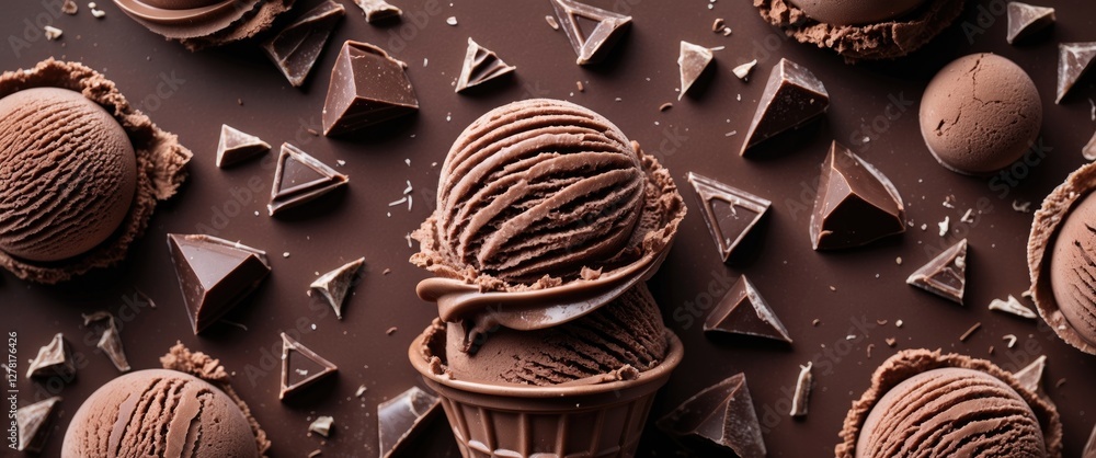 Poster chocolaty ice cream scoops in a cone surrounded by chocolate shards on a dark brown background