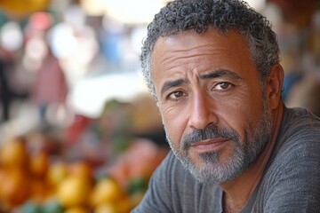 Obraz premium Man with salt-and-pepper beard gazes thoughtfully at a bustling market during daytime in a vibrant atmosphere