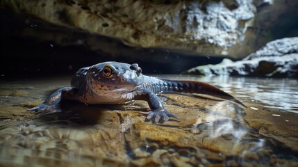 Fototapeta premium Close-Up of a Colorful Salamander in a Natural Habitat with Reflections in Clear Water and Rock Background