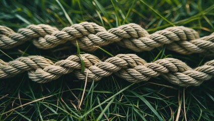Fototapeta premium Close-up of twisted natural fiber rope layered on green grass background suitable for outdoor or nature-related themes