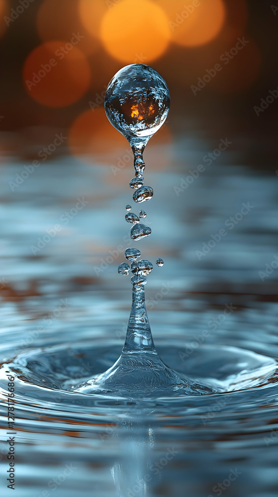 Poster captivating macro shot of a water droplet creating ripples against a blurred light background