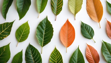 Assorted green and brown leaves arranged on a white background showcasing various shapes and textures for botanical use