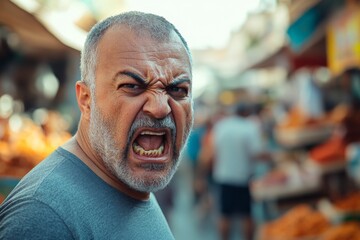 Fototapeta premium Man expressing intense emotion in a bustling market environment during daytime activities