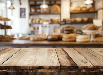 Empty wooden table top with a blurred background of a cozy caf? setting, inviting creativity and inspiration.