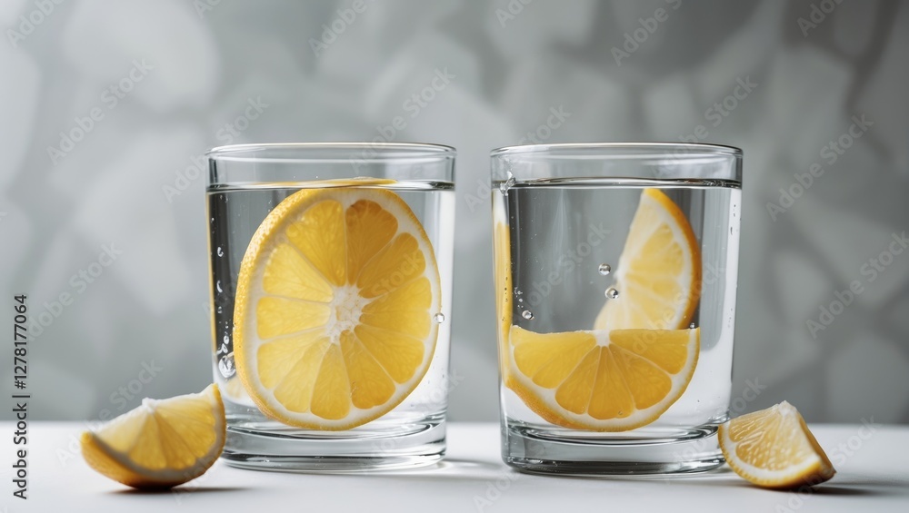 Poster lemon slices in two clear glasses of water with additional lemon wedges on a neutral background
