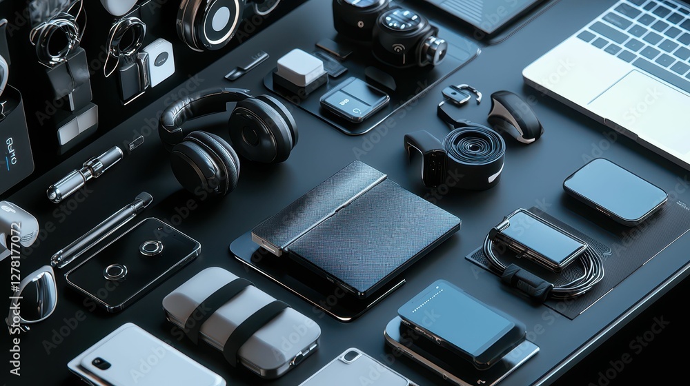 Poster modern workspace layout with tech gadgets and accessories displayed