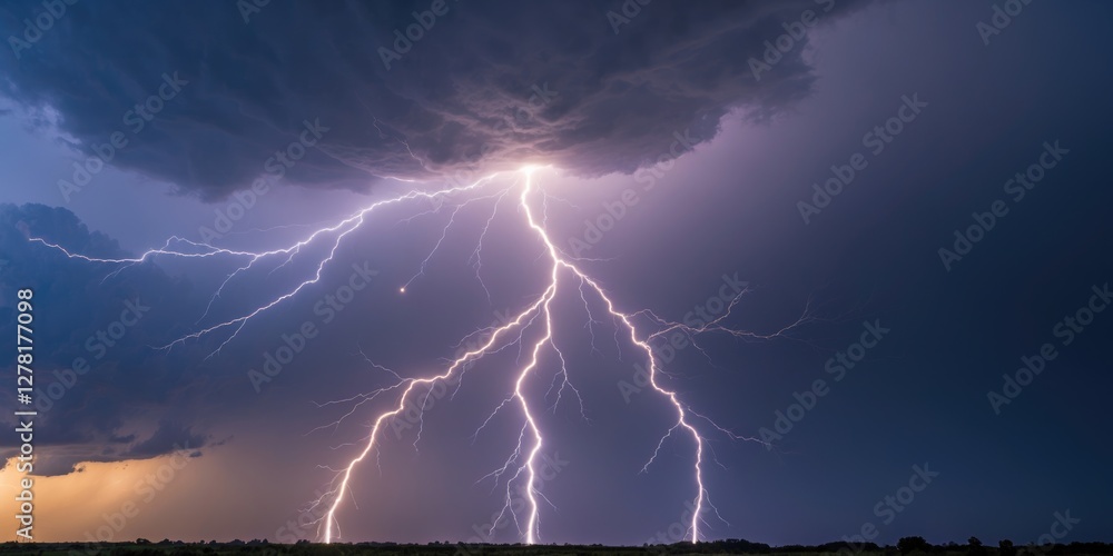 Poster lightning strikes during a severe thunderstorm with dark clouds and dramatic sky in the background o