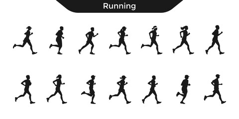 Naklejka premium Silhouettes of various people running in different poses. Ideal for fitness, sports, and health-related themes.