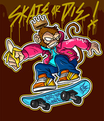 Monkey Graffiti Cartoon Character. Monkey Illustration playing skateboard in stylish pose