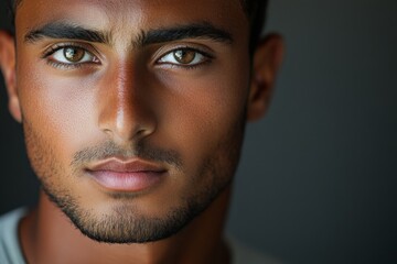 Obraz premium Young man with striking features and intense gaze poses in natural light while showcasing a confident expression