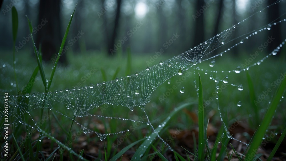 Poster dew-covered spider web in a foggy forest with green grass in the foreground creating a natural and s