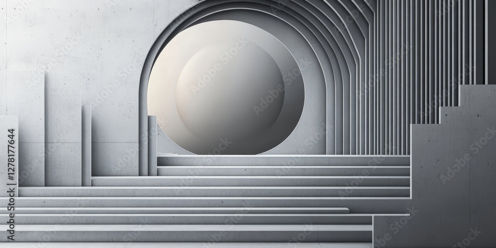 Poster a futuristic architectural design with an abstract sculpture at the center, with multiple archways a