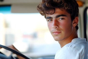 Fototapeta premium Young male driver focused on the road, captured in a bright and open vehicle setting during daylight