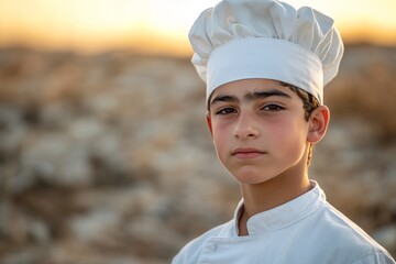 Young chef poses confidently outdoors with sunset in the background showcasing culinary passion