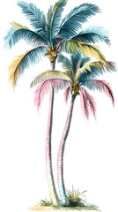 Illustration of two palm trees, white background, pink and blue colors
