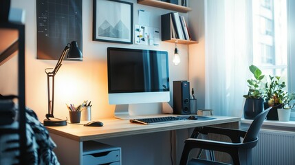 Cozy Modern Home Office with Computer and Stylish Decor Elements