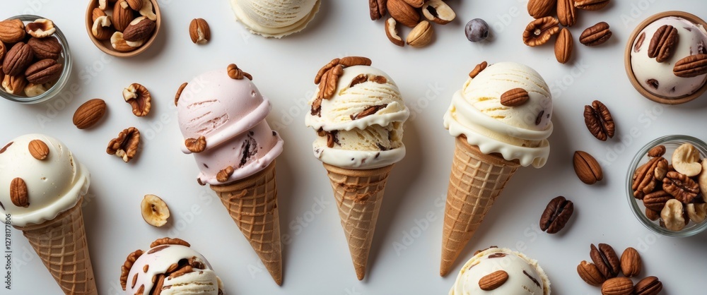 Aufkleber ice cream cones with various flavors topped with nuts arranged on a white background with scattered 