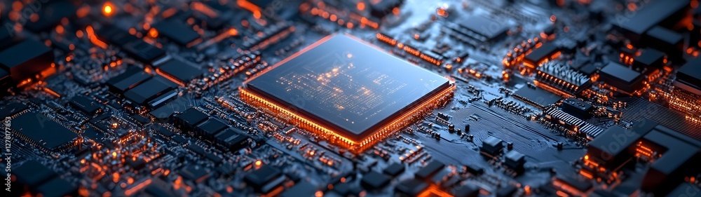 Poster Closeup view of a modern high tech electronics circuit board with a powerful microchip and intricate digital circuitry  Concept of advanced intelligence and innovation in the tech industry