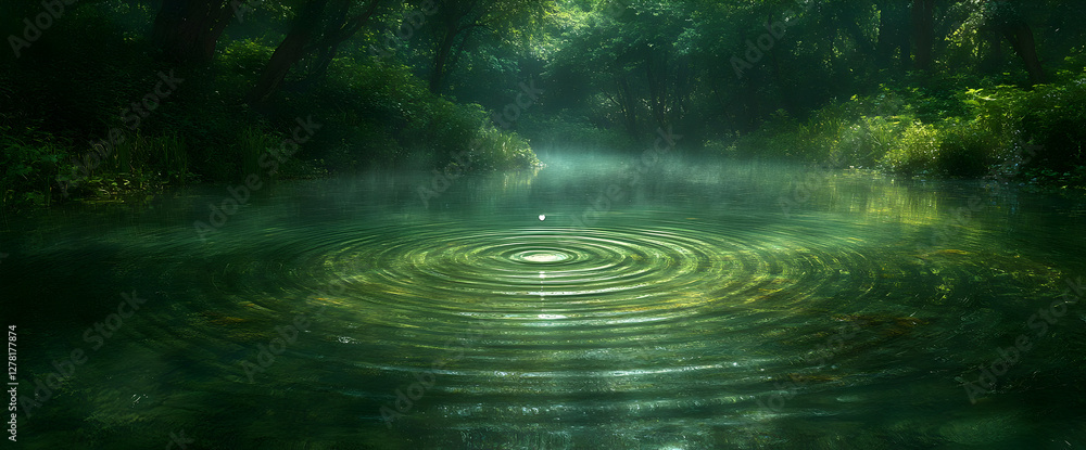 Aufkleber raindrops on green water surface with ripples creating abstract patterns and reflections