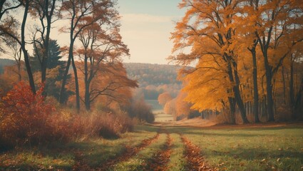 Fototapeta premium Autumn landscape with vibrant yellow and orange trees alongside a winding dirt path in a peaceful rural setting