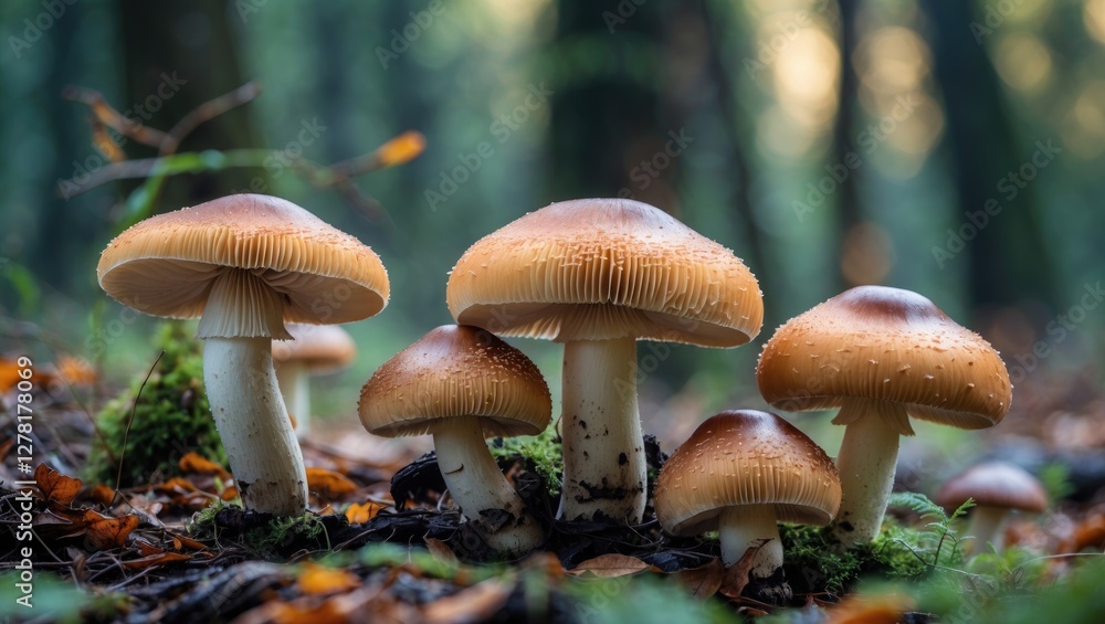 Poster group of wild mushrooms with brown caps growing in a forest setting surrounded by autumn leaves and 