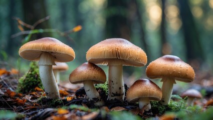 Fototapeta premium Group of wild mushrooms with brown caps growing in a forest setting surrounded by autumn leaves and soft sunlight filtering through trees