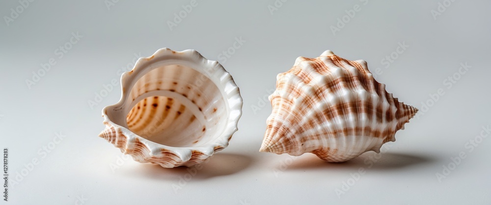 Poster close-up of two seashells on a plain background highlighting their intricate patterns and textures i