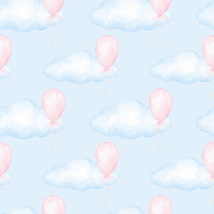 balloon, cloud. Watercolor seamless pattern in pastel colors. Cute illustration for children's textile, paper design