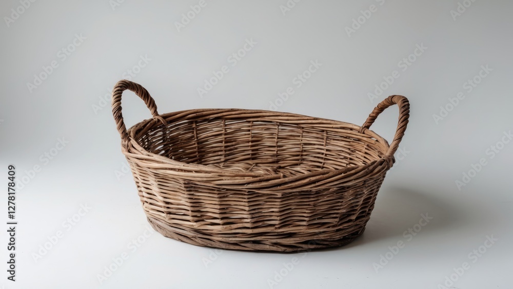 Poster woven wicker basket with handles on a plain background for storage or decorative use