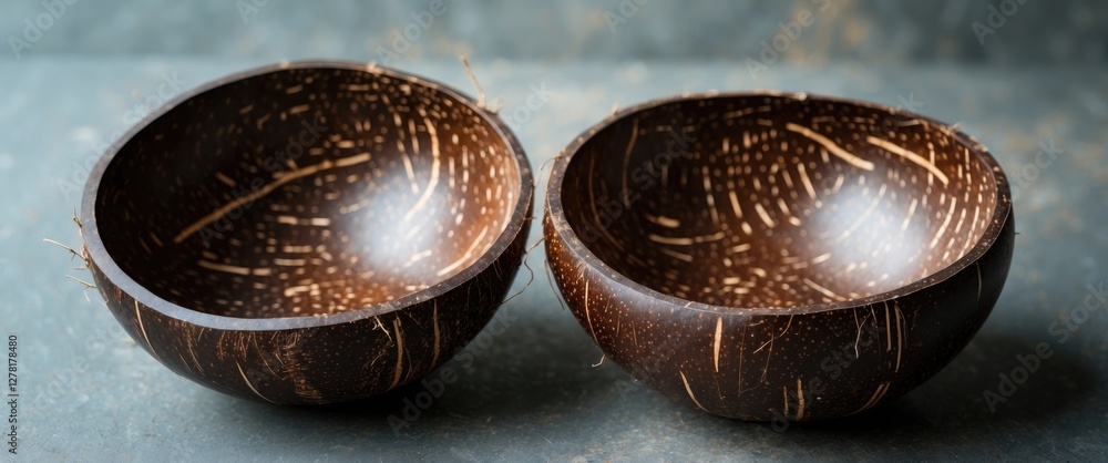 Poster coconut shell bowls on textured surface with natural finish and visible grain patterns rustic kitche