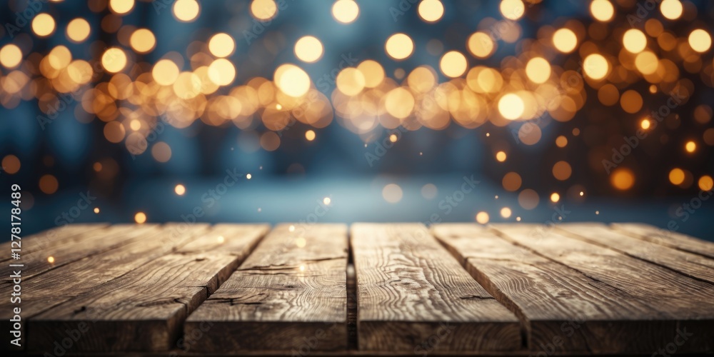 Poster wooden table surface with blurred bokeh lights in background creating warm decorative atmosphere