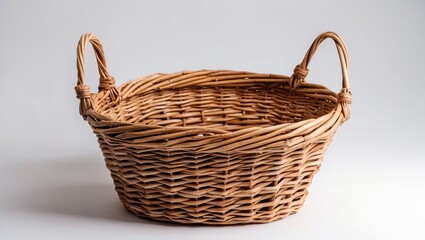 Woven wicker basket with handles on a solid background suitable for decorative and functional purposes in home organization